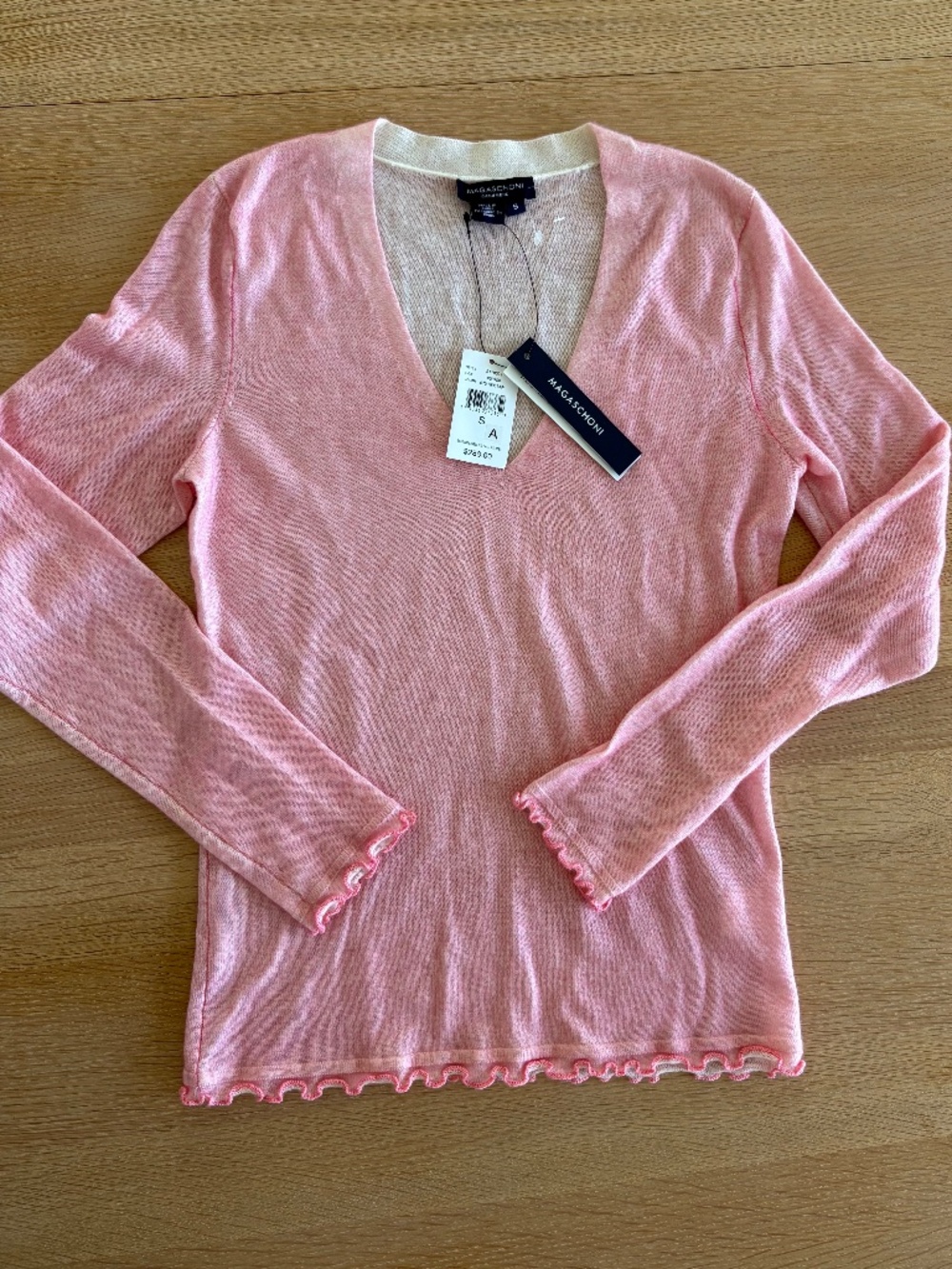 NWT 100% Cashmere Pastel Pink Magaschoni V neck Sweater Size S